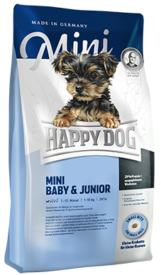 Сухой корм для щенков мелких пород собак от 4 недель до 12 месяцев Happy Dog Mini Baby & Junior 29/16 (птица, лосось, моллюски)